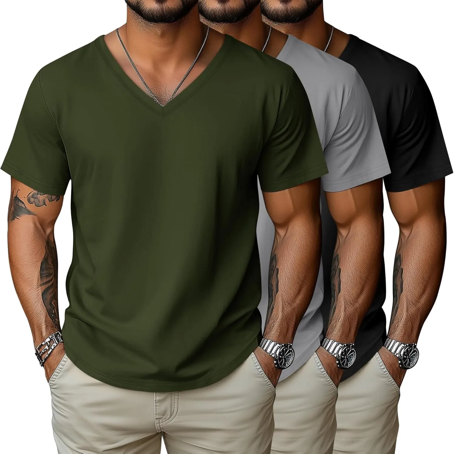 3 Pack Big and Tall Cotton Shirts for Men M-7XL Soft V Neck Shirt Plus Size Short Sleeve Tee Undershirt Casual Tops