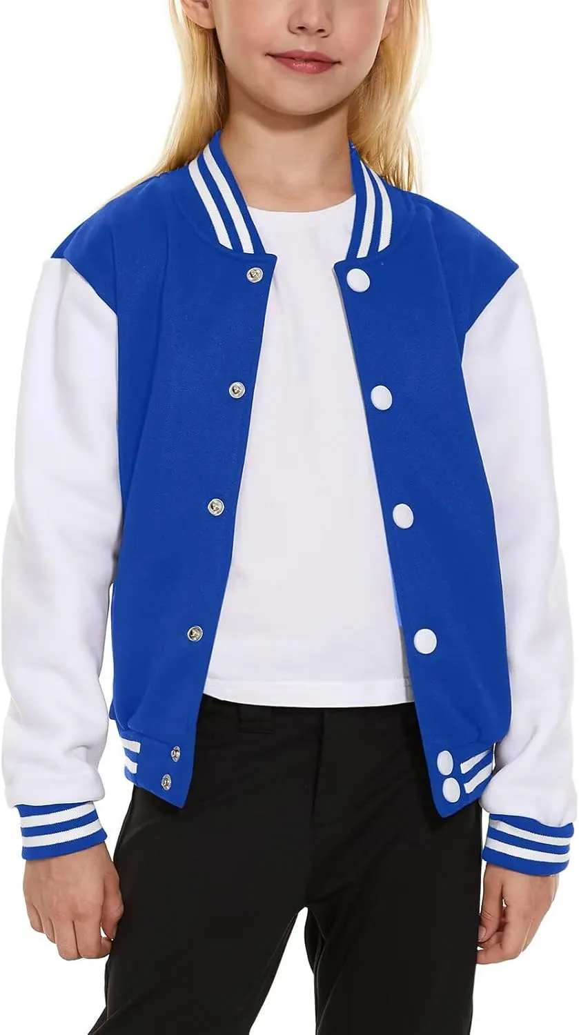 ACEFAST INC Kids Baseball Jacket School Varsity Uniform Casual Sweatshirt Girls Sweater Jacket Baseball Solid Color