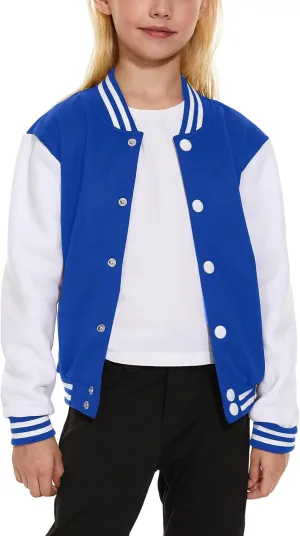 ACEFAST INC Kids Baseball Jacket School Varsity Uniform Casual Sweatshirt Girls Sweater Jacket Baseball Solid Color