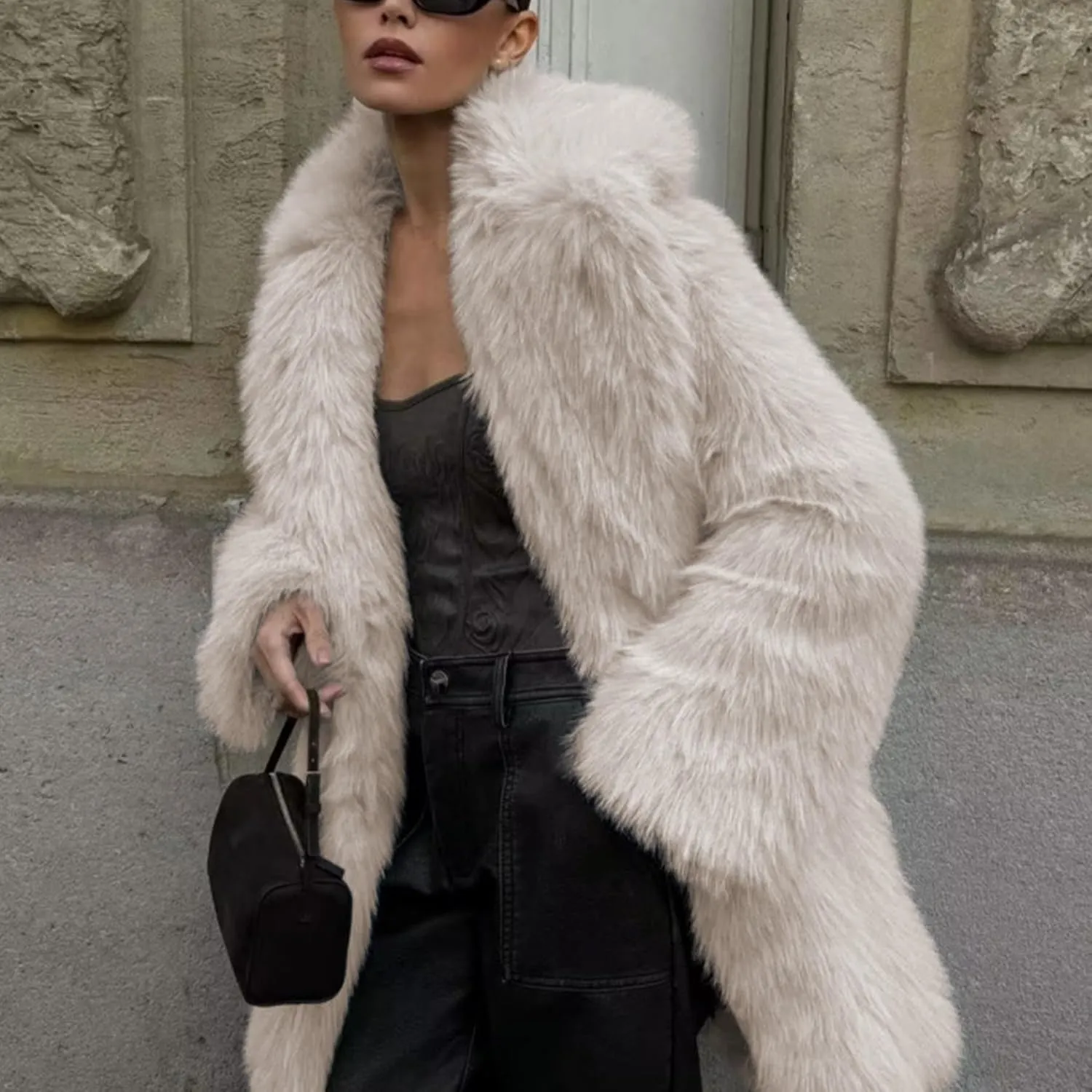 Ainangua Womens Faux Fur Coat Shaggy Oversized Lapel Button Fuzzy Ladies Jackets Warm Winter Outfits