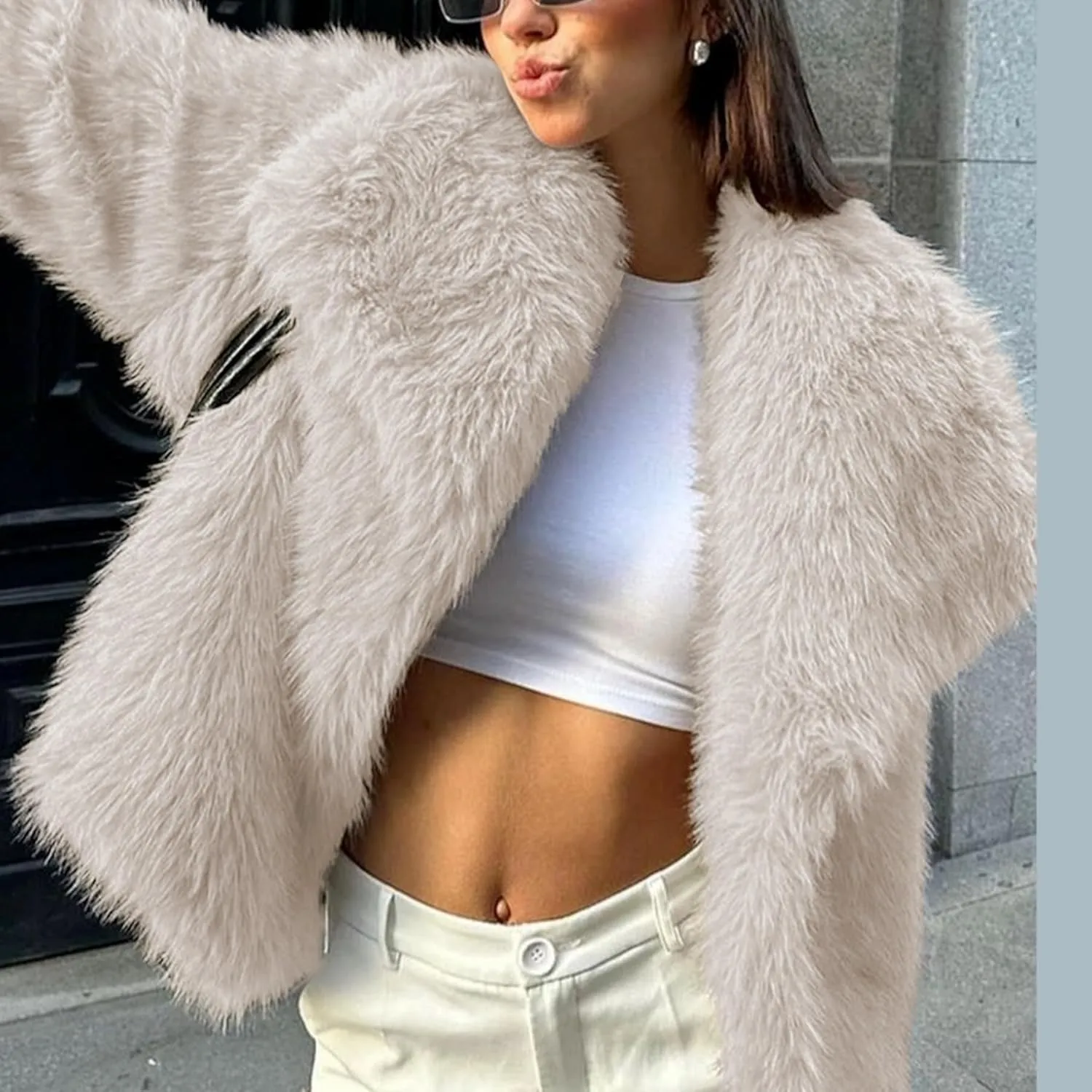Ainangua Womens Faux Fur Coat Shaggy Oversized Lapel Button Fuzzy Ladies Jackets Warm Winter Outfits