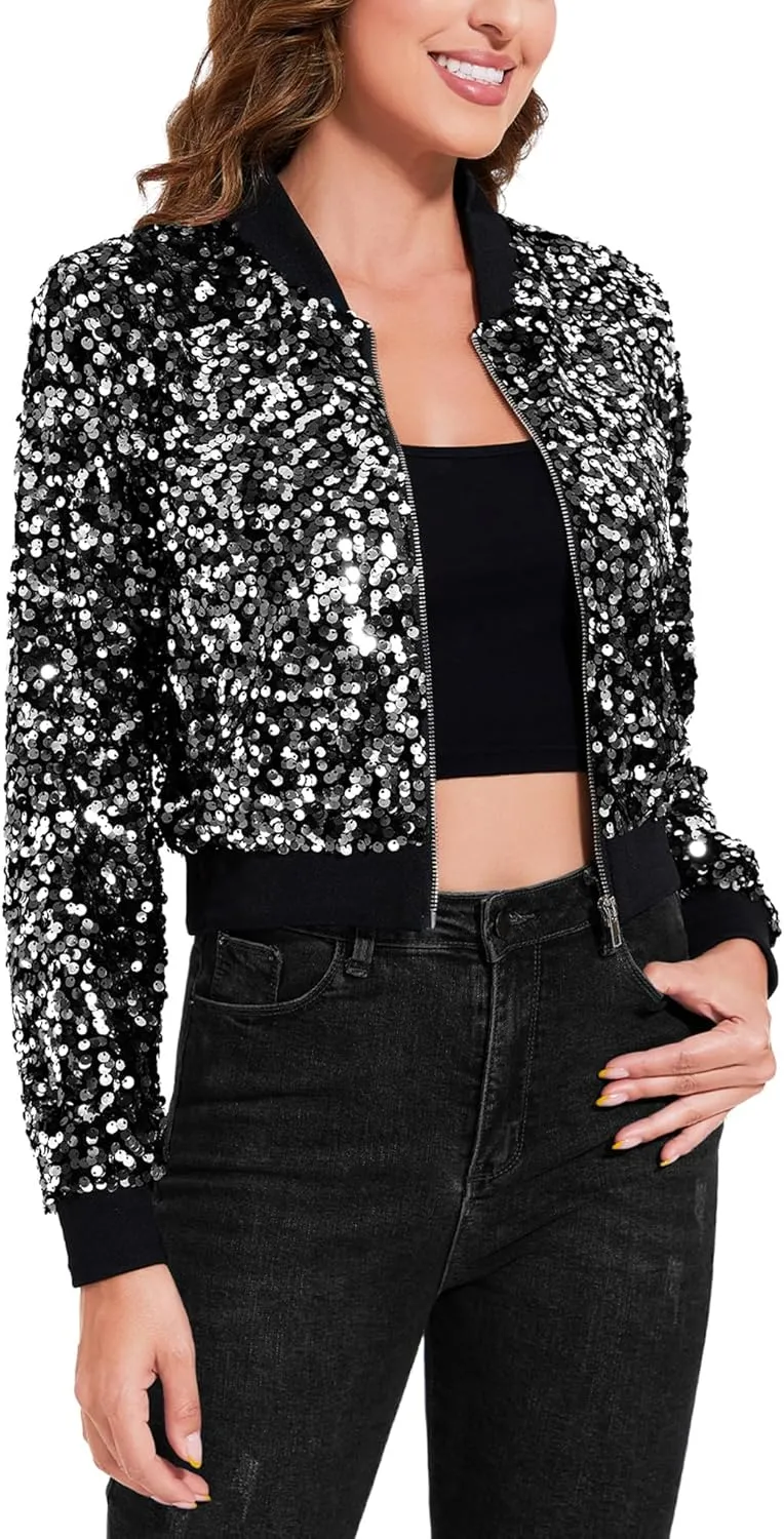 Anna-Kaci Women's Sparkly Sequin Cropped Jacket Long Sleeve Zipper Up Party Club Bomber Jacket