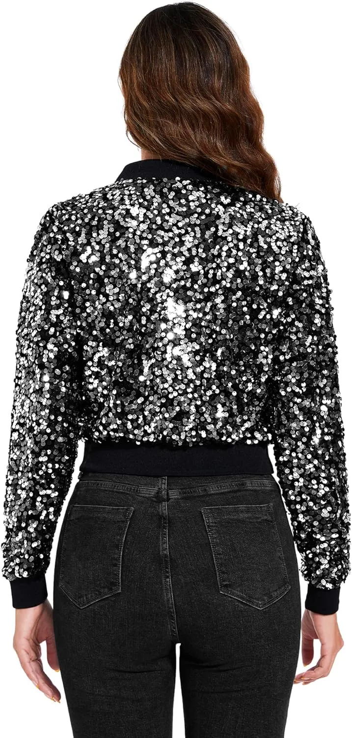 Anna-Kaci Women's Sparkly Sequin Cropped Jacket Long Sleeve Zipper Up Party Club Bomber Jacket