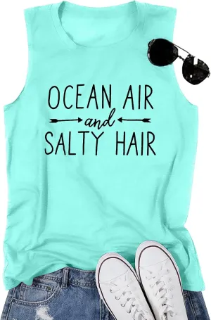 Beach Tank Tops for Women Ocean Air and Salty Hair Summer Tanks Beach Vacation Sleeveless Vest Shirts
