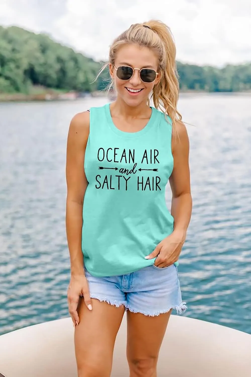 Beach Tank Tops for Women Ocean Air and Salty Hair Summer Tanks Beach Vacation Sleeveless Vest Shirts