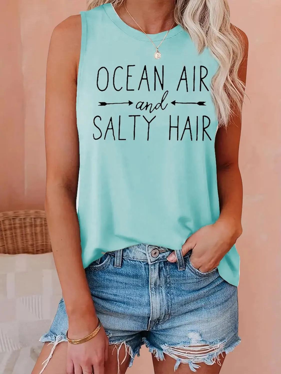 Beach Tank Tops for Women Ocean Air and Salty Hair Summer Tanks Beach Vacation Sleeveless Vest Shirts