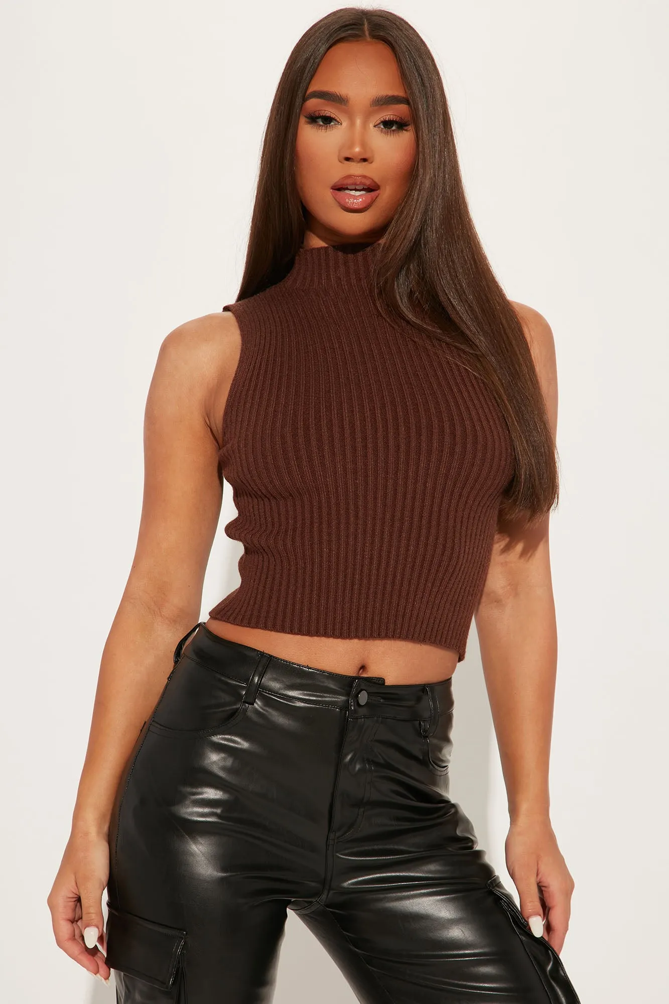 Beat You To It Mock Neck Top - Chocolate