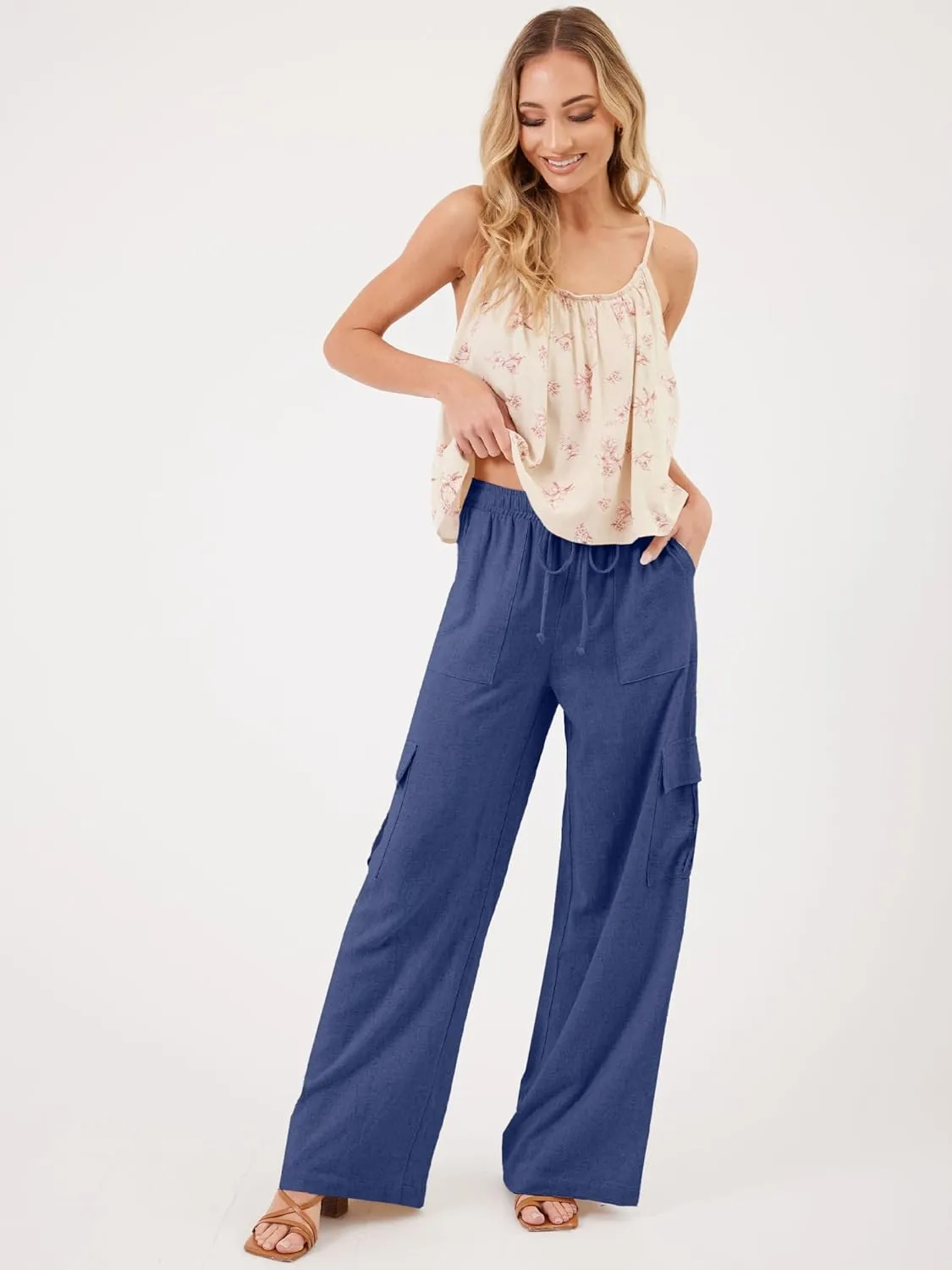 Beautiful Nomad Women's Linen Cargo Pants Casual High Waisted Wide Leg Pant Baggy Trousers with Pockets