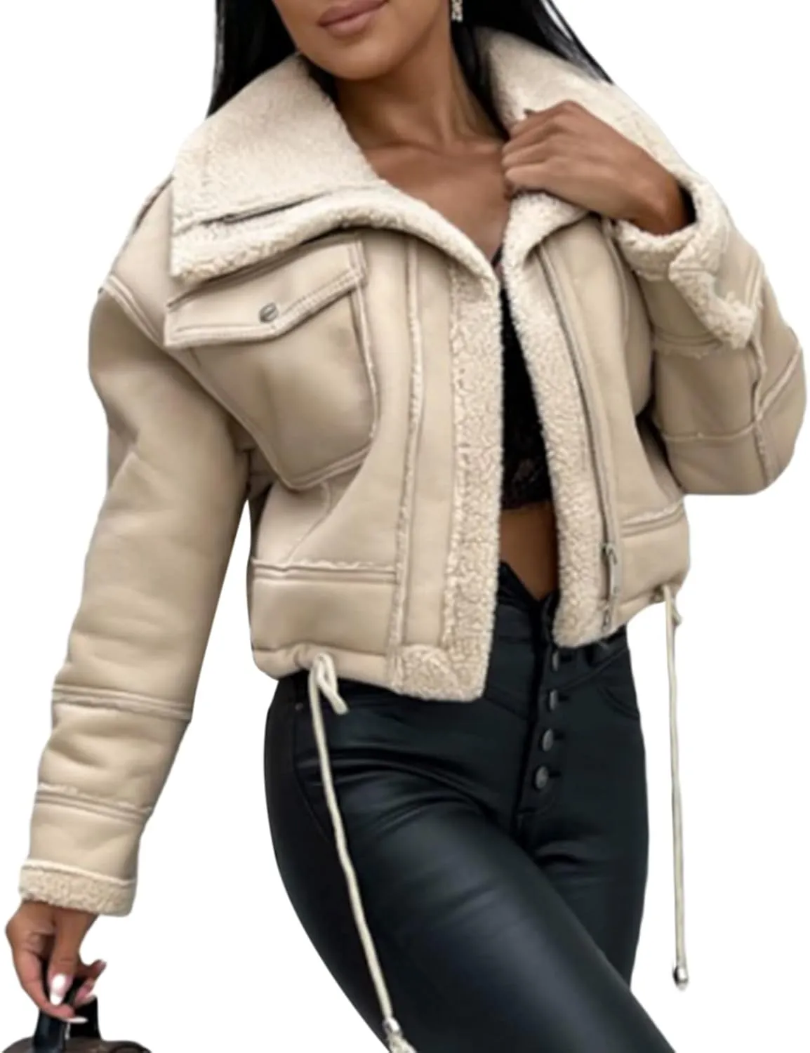 Beeuthios Women Oversized Sherpa Lined Leather Jacket Faux Suede Fleece Shearling Coat Biker Motorcycle Overcoat