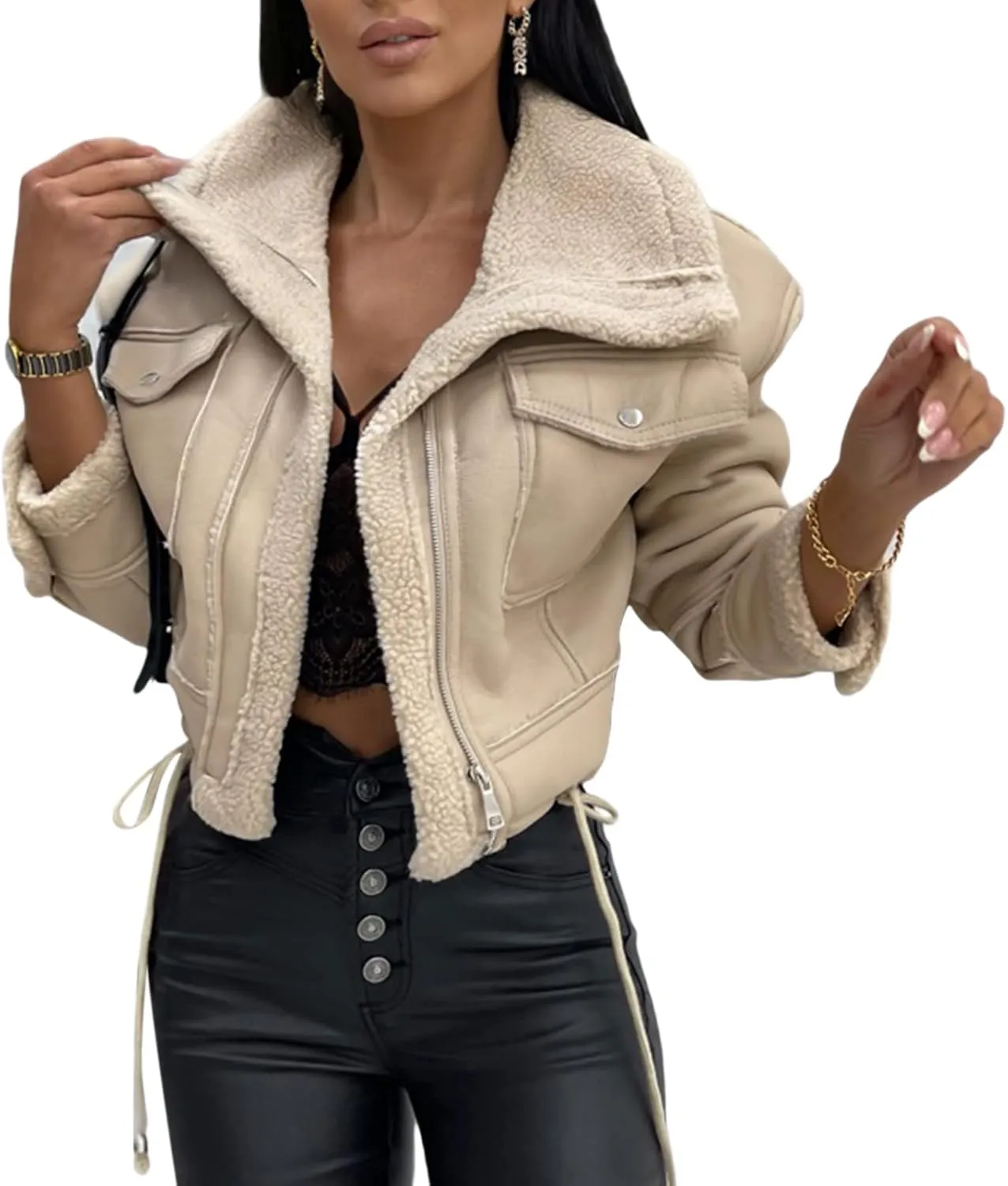 Beeuthios Women Oversized Sherpa Lined Leather Jacket Faux Suede Fleece Shearling Coat Biker Motorcycle Overcoat