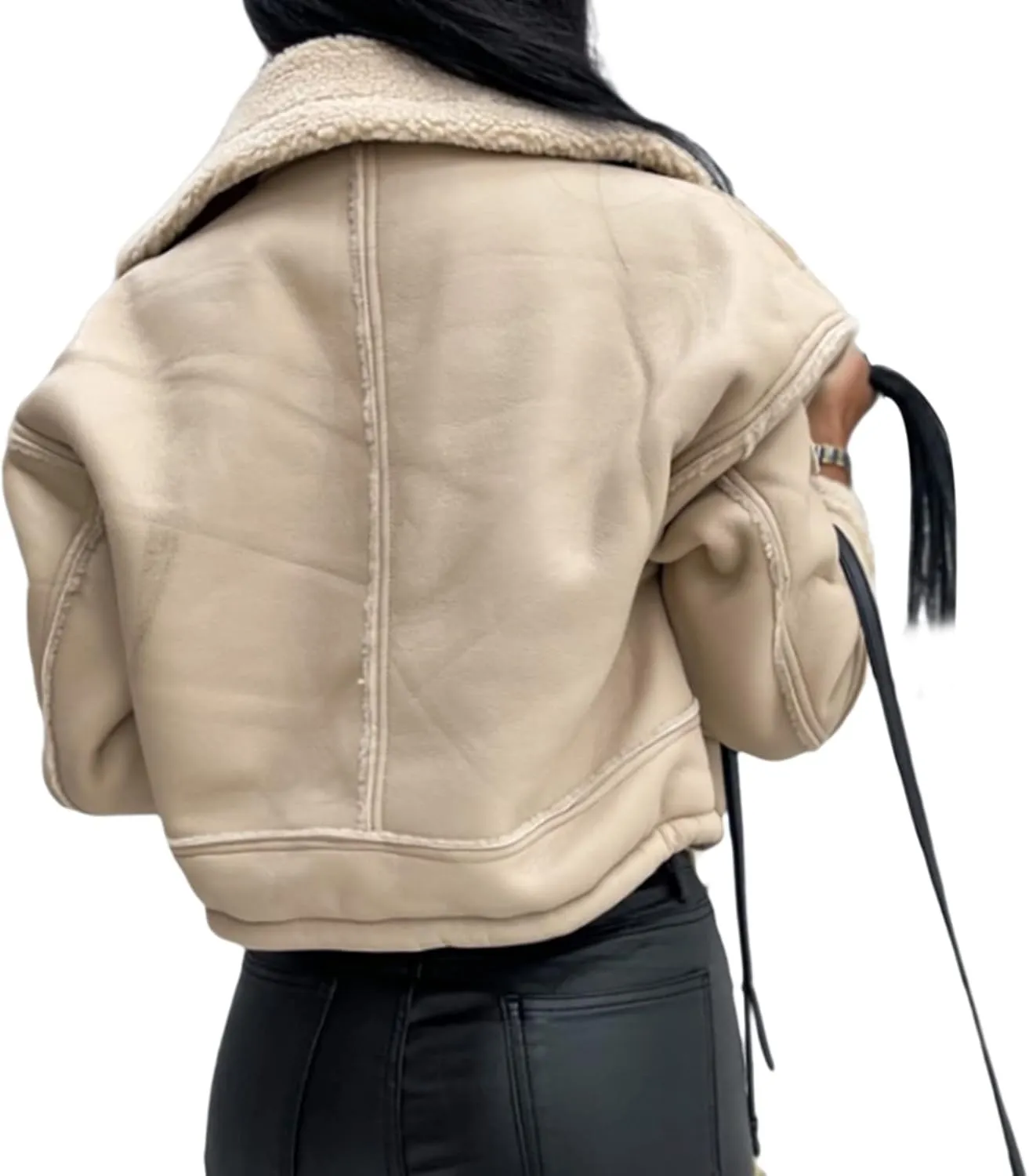 Beeuthios Women Oversized Sherpa Lined Leather Jacket Faux Suede Fleece Shearling Coat Biker Motorcycle Overcoat