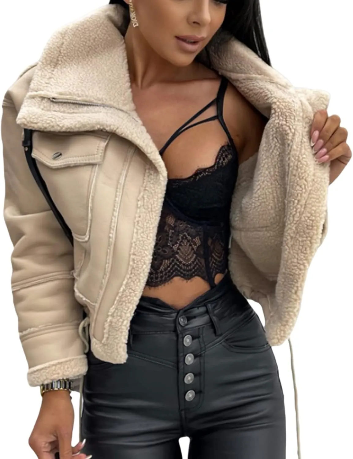 Beeuthios Women Oversized Sherpa Lined Leather Jacket Faux Suede Fleece Shearling Coat Biker Motorcycle Overcoat