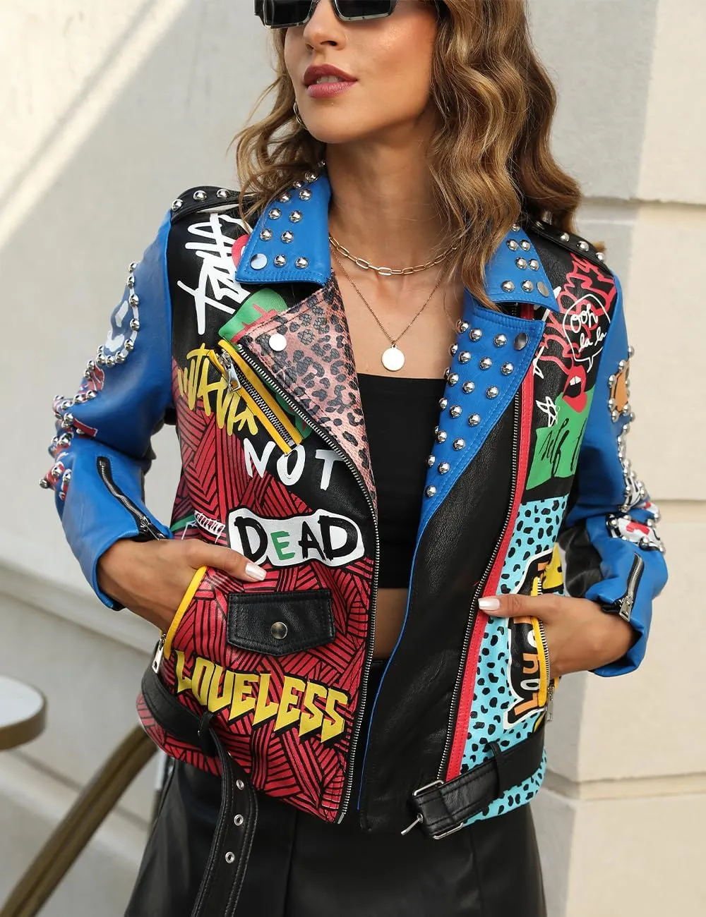 Bellivera Faux Leather Jacket for Women Studded Rivet Floral Moto Biker Short Lapel Coat