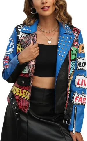 Bellivera Faux Leather Jacket for Women Studded Rivet Floral Moto Biker Short Lapel Coat