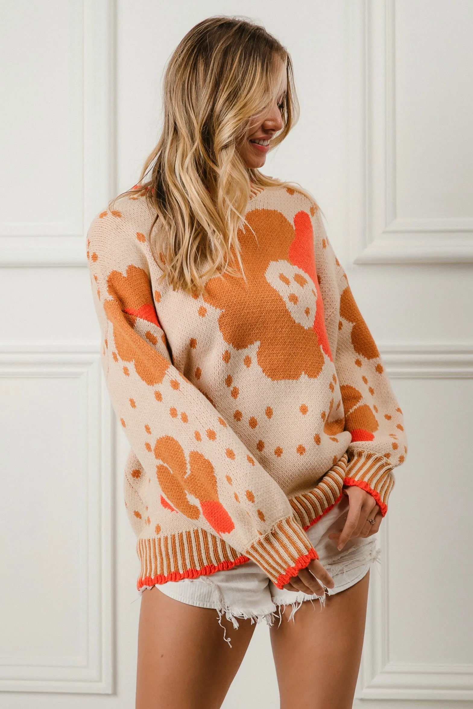 BiBi Flower Pattern Knit Sweater in Rust Combo