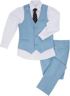 Boys Linen Suit Summer Formal Vest Suit Set for Boy Slim Fit 3 Piece Kids Tuxedo Beach Wedding Outfit with Tie