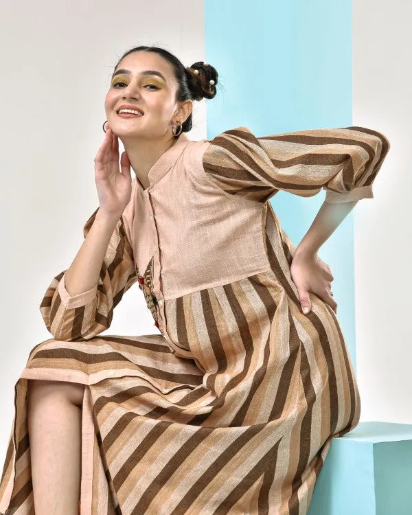 Brown Beige Striped Midi Dress