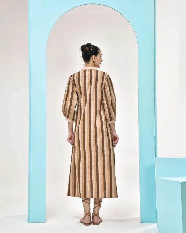 Brown Beige Striped Midi Dress
