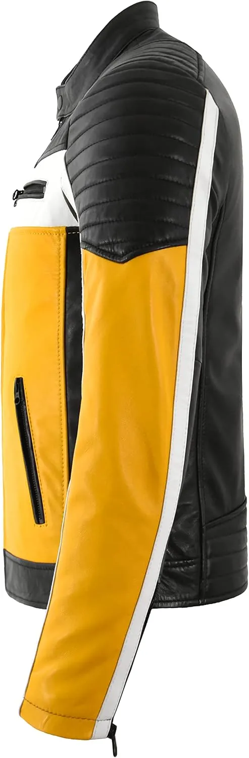Cafe Racer Mens Biker Leather Jacket Black Yellow Retro Style Motocross Jacket 4288
