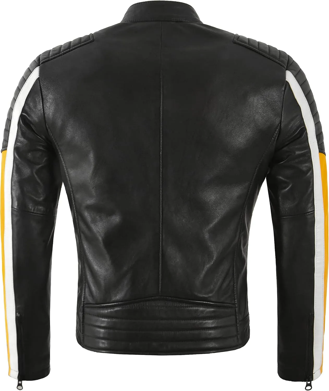 Cafe Racer Mens Biker Leather Jacket Black Yellow Retro Style Motocross Jacket 4288