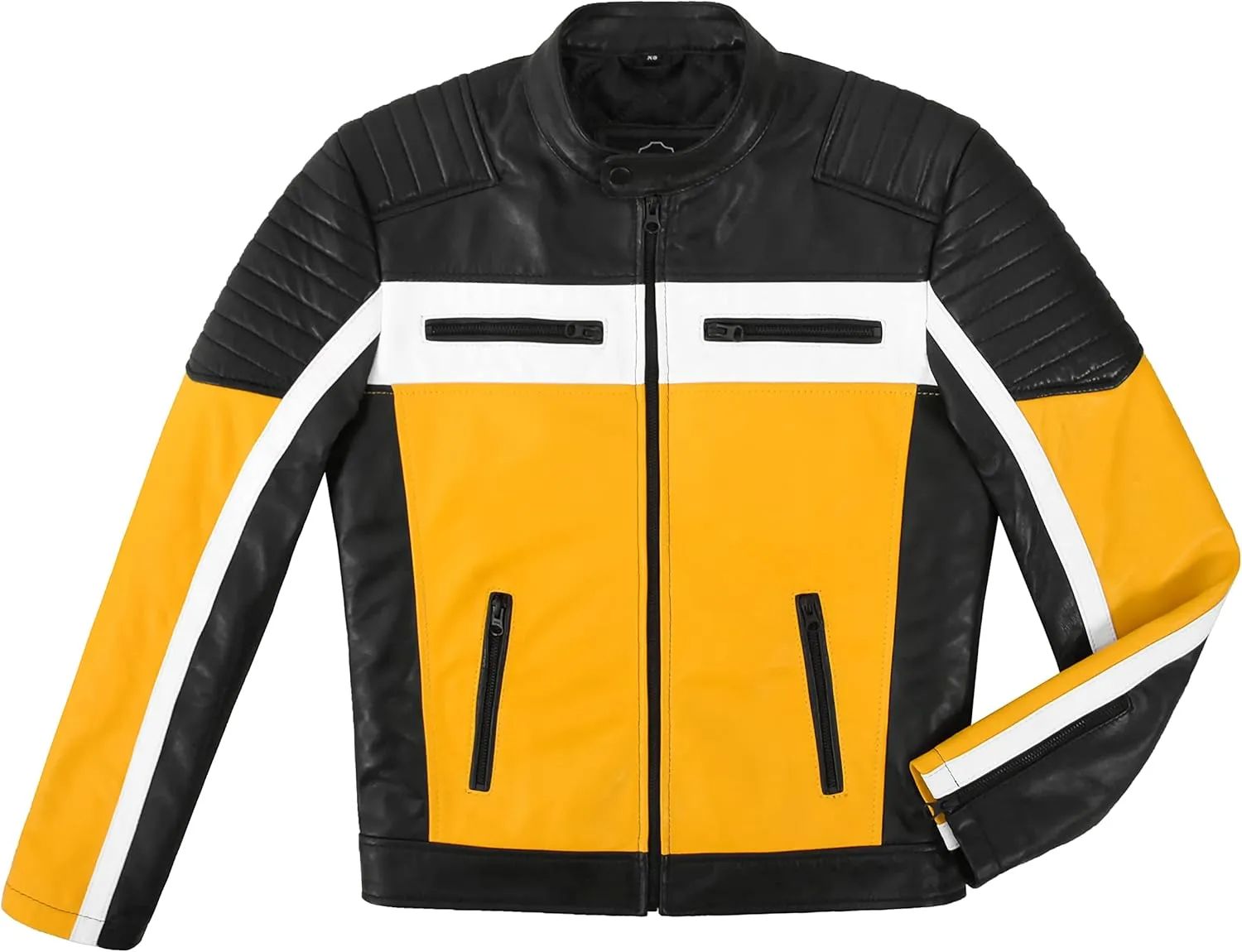 Cafe Racer Mens Biker Leather Jacket Black Yellow Retro Style Motocross Jacket 4288
