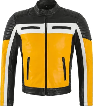 Cafe Racer Mens Biker Leather Jacket Black Yellow Retro Style Motocross Jacket 4288