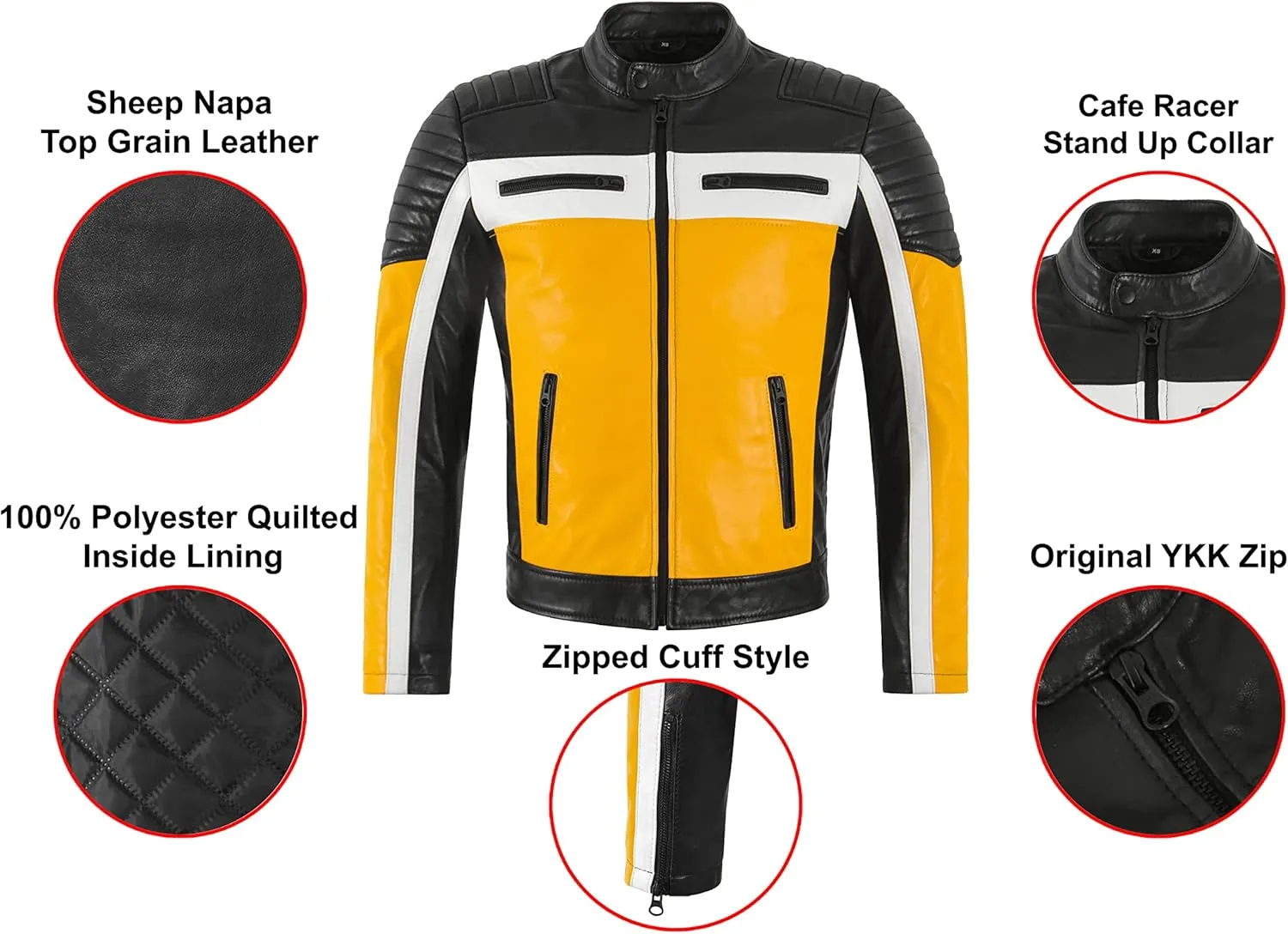 Cafe Racer Mens Biker Leather Jacket Black Yellow Retro Style Motocross Jacket 4288