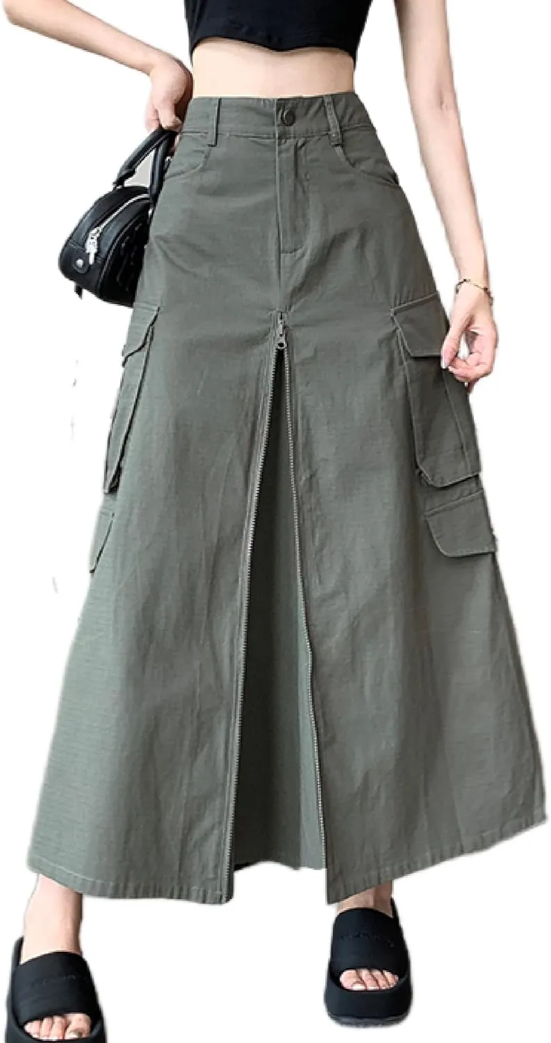 Cargo Long Skirts for Women Trendy - High Waisted Vintage A-line Knee Length Midi Skirt with Flap Pockets