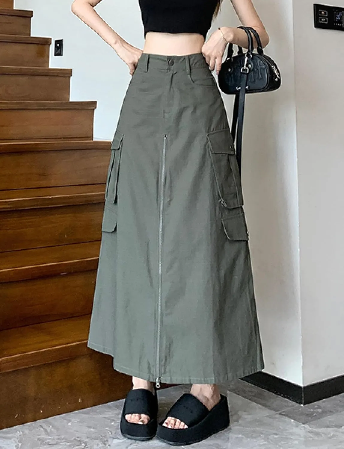 Cargo Long Skirts for Women Trendy - High Waisted Vintage A-line Knee Length Midi Skirt with Flap Pockets