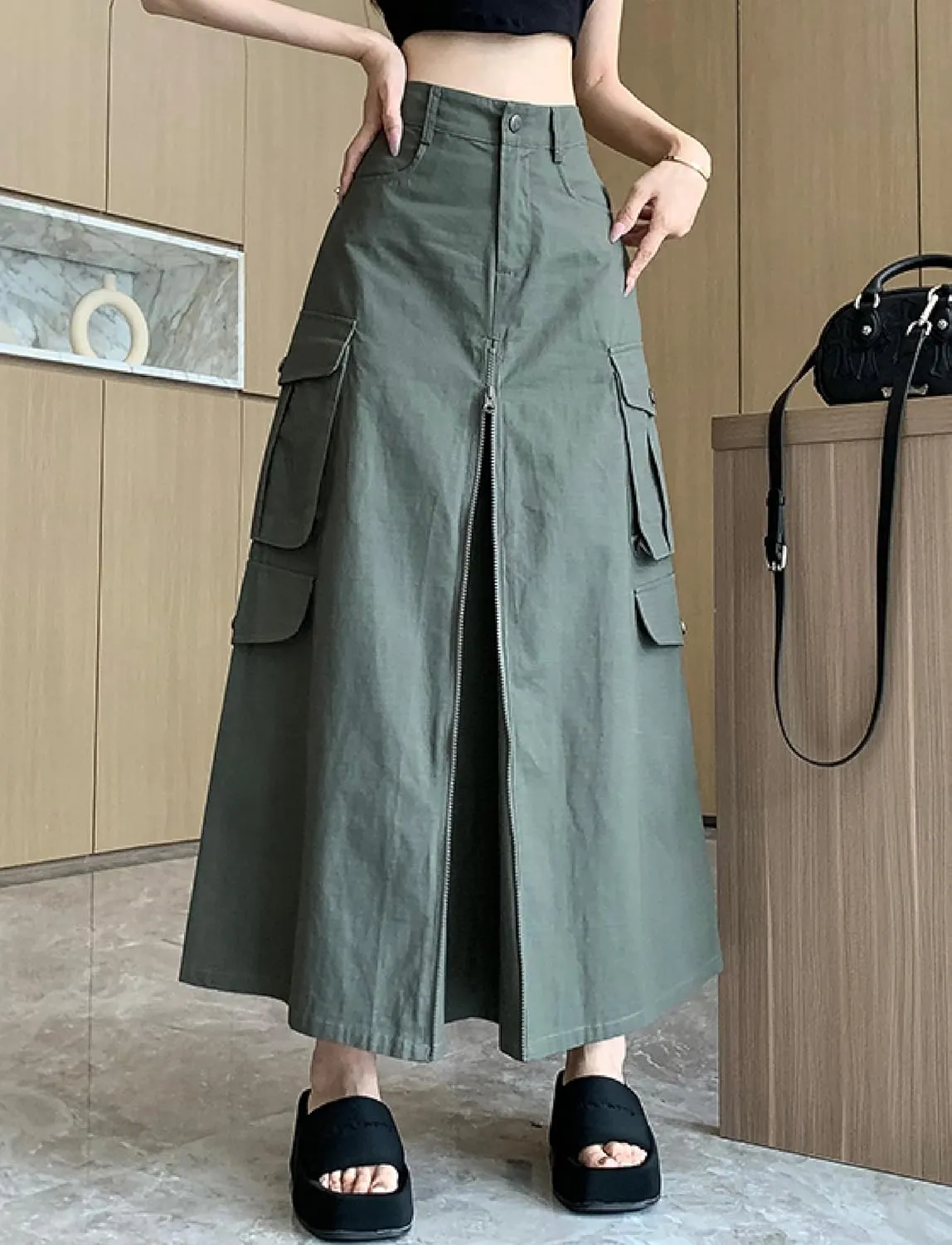 Cargo Long Skirts for Women Trendy - High Waisted Vintage A-line Knee Length Midi Skirt with Flap Pockets