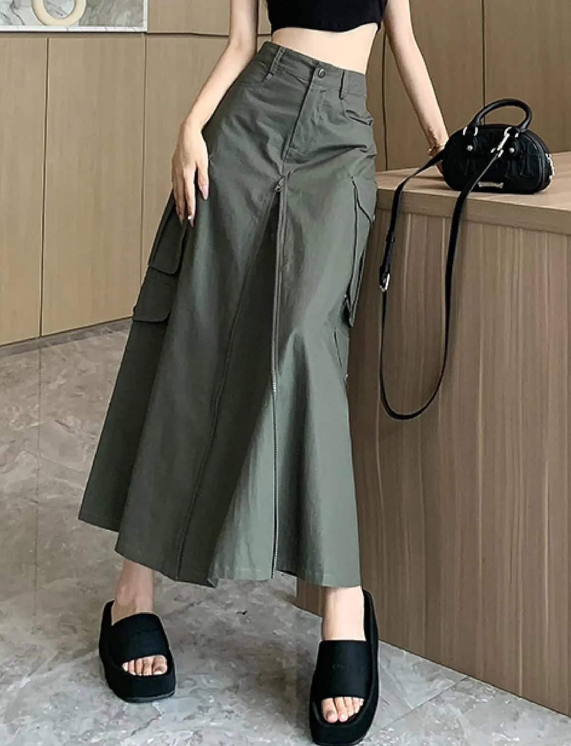 Cargo Long Skirts for Women Trendy - High Waisted Vintage A-line Knee Length Midi Skirt with Flap Pockets