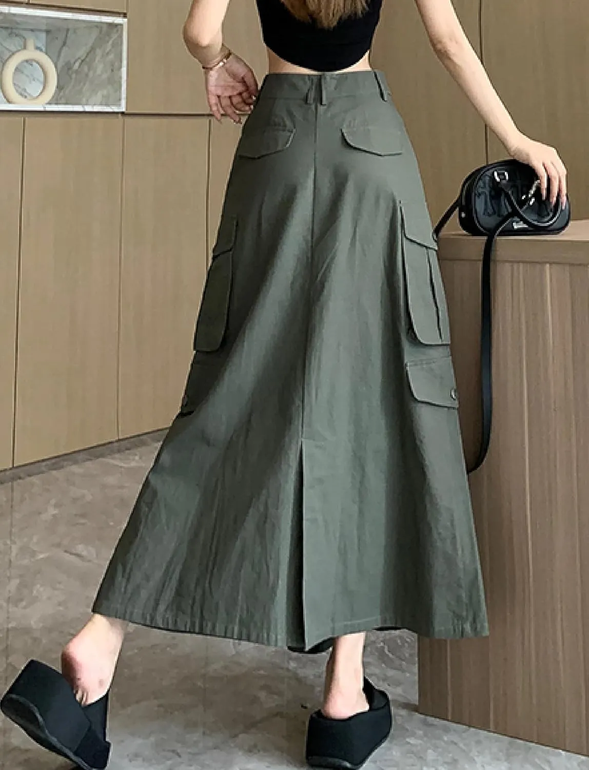 Cargo Long Skirts for Women Trendy - High Waisted Vintage A-line Knee Length Midi Skirt with Flap Pockets