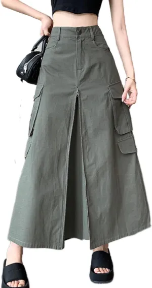 Cargo Long Skirts for Women Trendy - High Waisted Vintage A-line Knee Length Midi Skirt with Flap Pockets