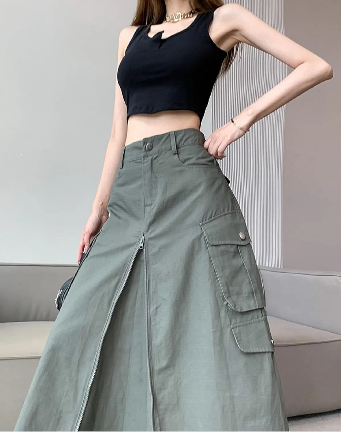 Cargo Long Skirts for Women Trendy - High Waisted Vintage A-line Knee Length Midi Skirt with Flap Pockets