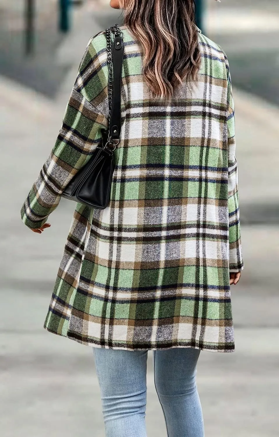 CHARTOU Women's Plaid Shacket Causal Notched Collar Wool Blend Tartan Blazer Trench Coat