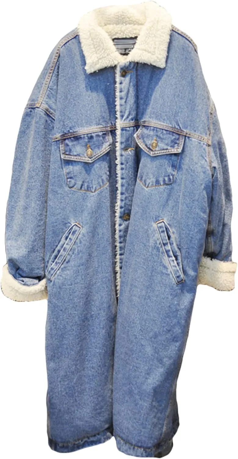 CHARTOU Women's Thicken Loose Sherpa Fleece Lined Button Down Long Denim Jacket Overcoat