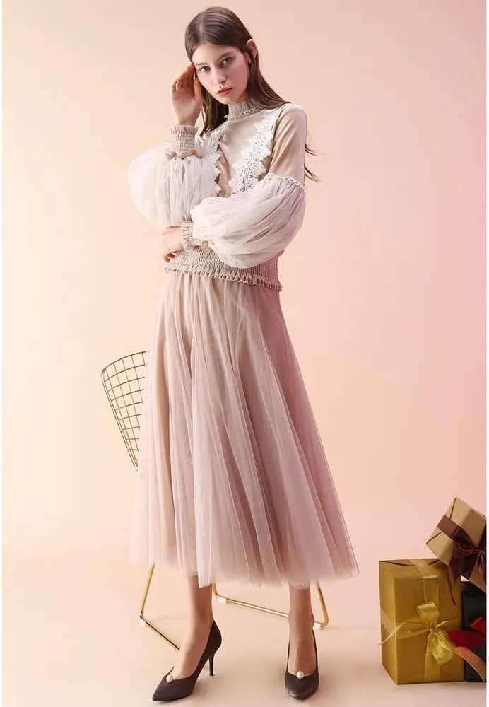 CHICWISH Women's Lilac/Cream/Grey/Pink/Black Layered Mesh Ballet Prom Party Tulle Tutu A-Line Maxi Skirt