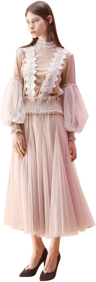 CHICWISH Women's Lilac/Cream/Grey/Pink/Black Layered Mesh Ballet Prom Party Tulle Tutu A-Line Maxi Skirt
