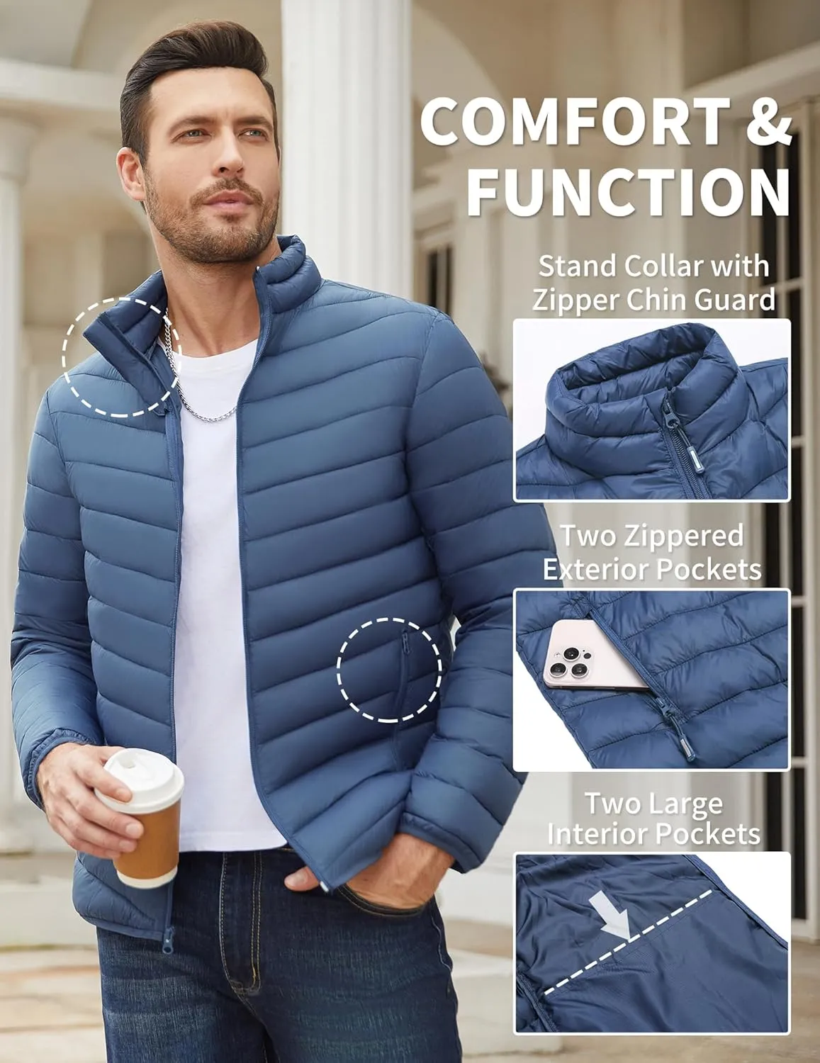 COOFANDY Men's Puffer Jacket Packable Lightweight Puffy Jackets with Zippered Pockets Down Alternative Winter Coat