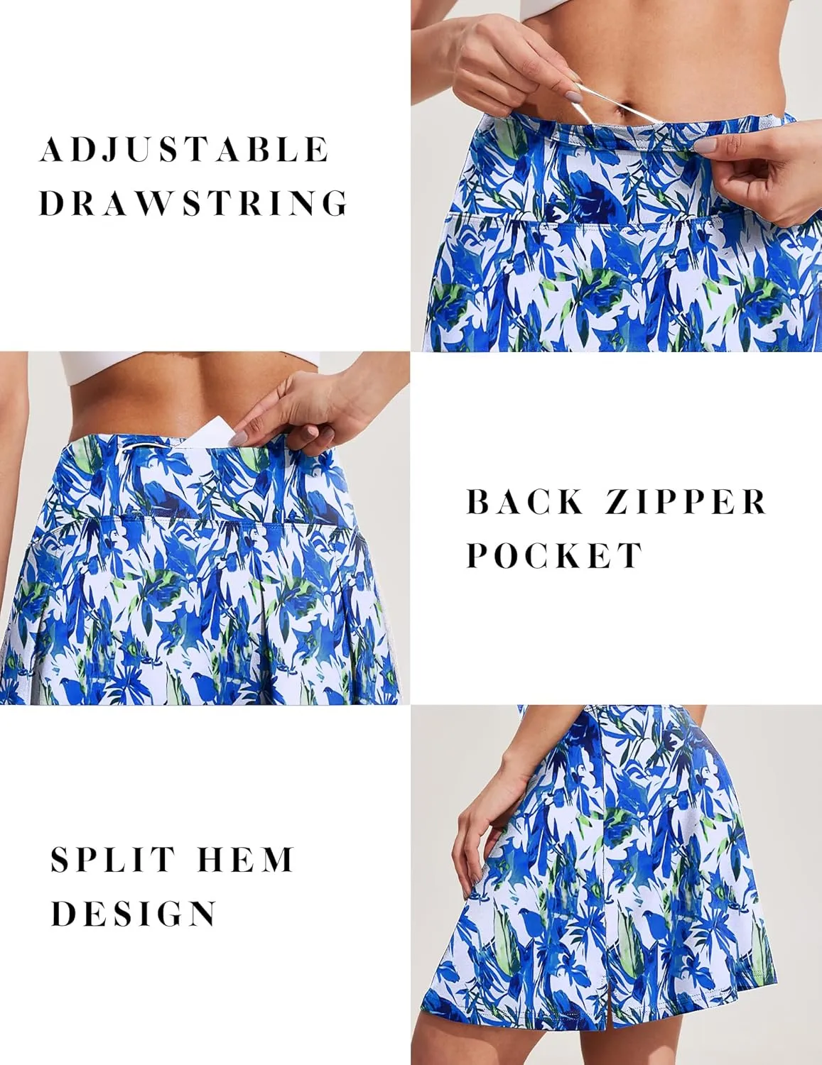 COOrun 18" Tennis Skirt Knee Length High Waist Skorts Skirts for Women Golf Pleated Built-in Shorts Skirts with Pockets