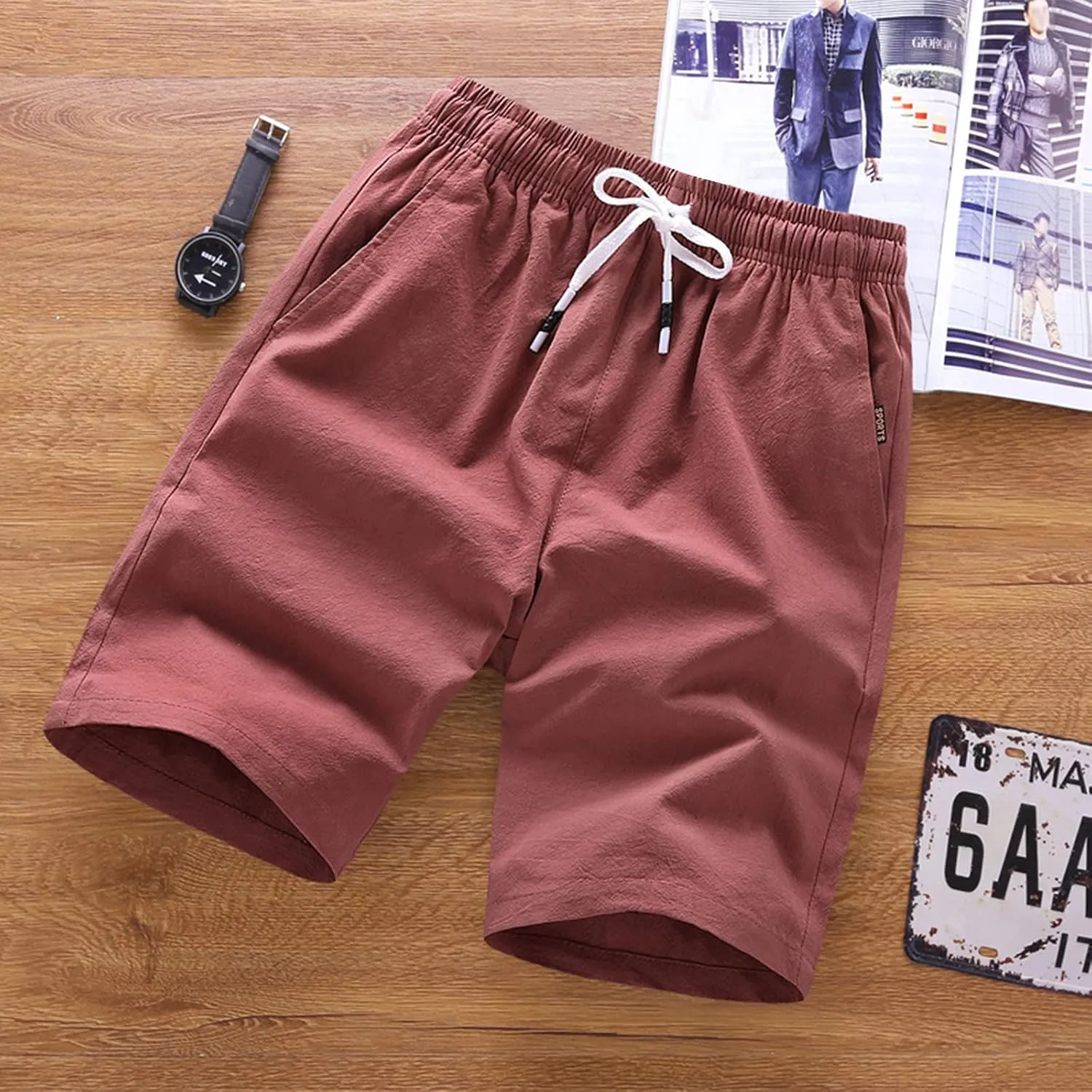 Cotton Summer Shorts for Men Drawstring Casual Beach Shorts Outdoor Fashion Stretch Chino Short Slim-Fit with Pocket