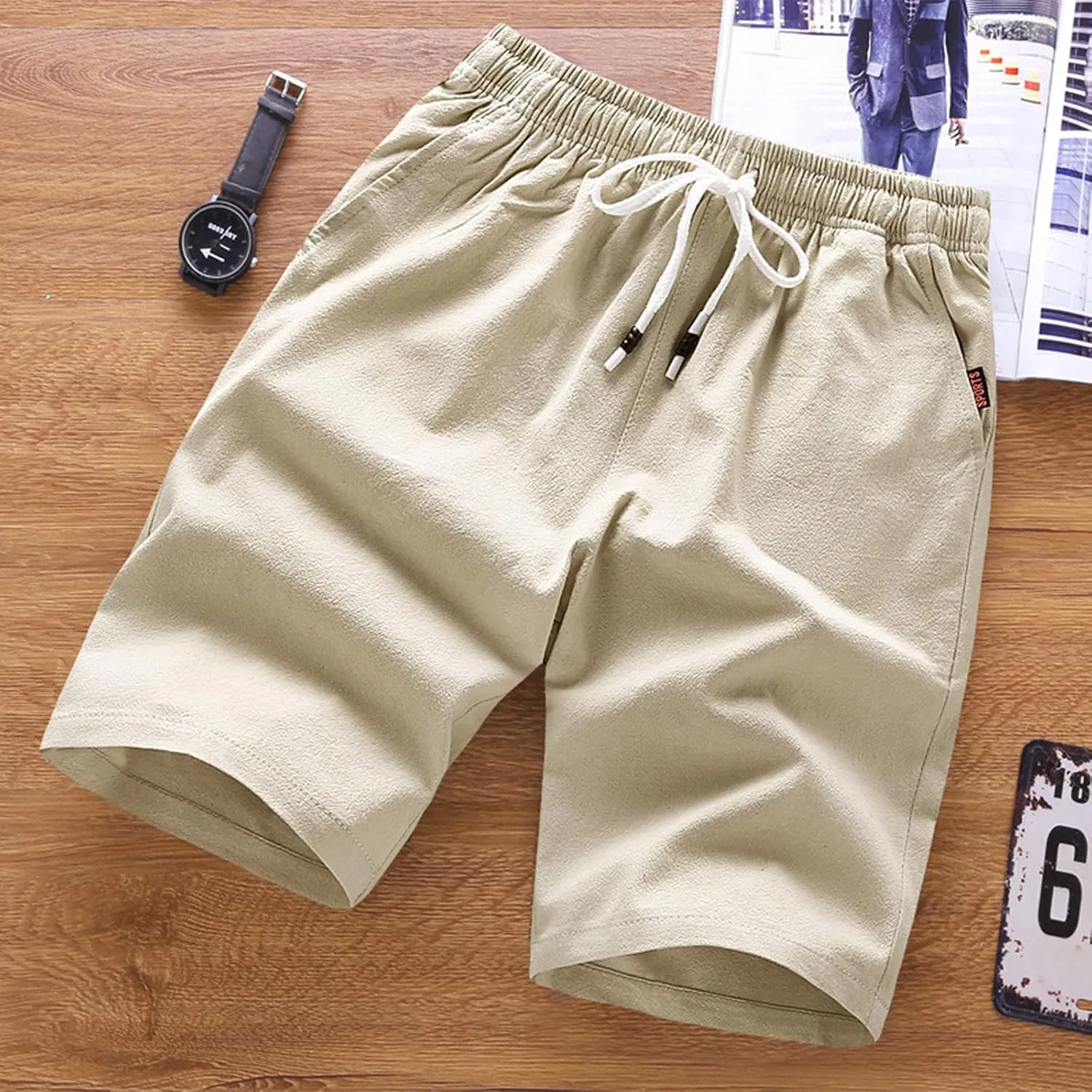 Cotton Summer Shorts for Men Drawstring Casual Beach Shorts Outdoor Fashion Stretch Chino Short Slim-Fit with Pocket