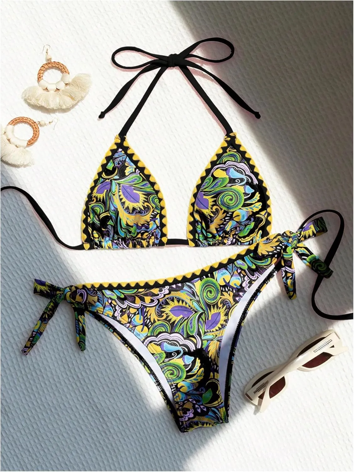 COZYEASE Women's Bikini Sets 2 Piece Halter Triangle Allover Print Swimsuit Set Boho Knot Side Bathing Suit Set
