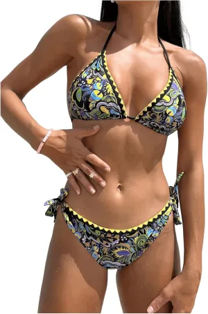COZYEASE Women's Bikini Sets 2 Piece Halter Triangle Allover Print Swimsuit Set Boho Knot Side Bathing Suit Set