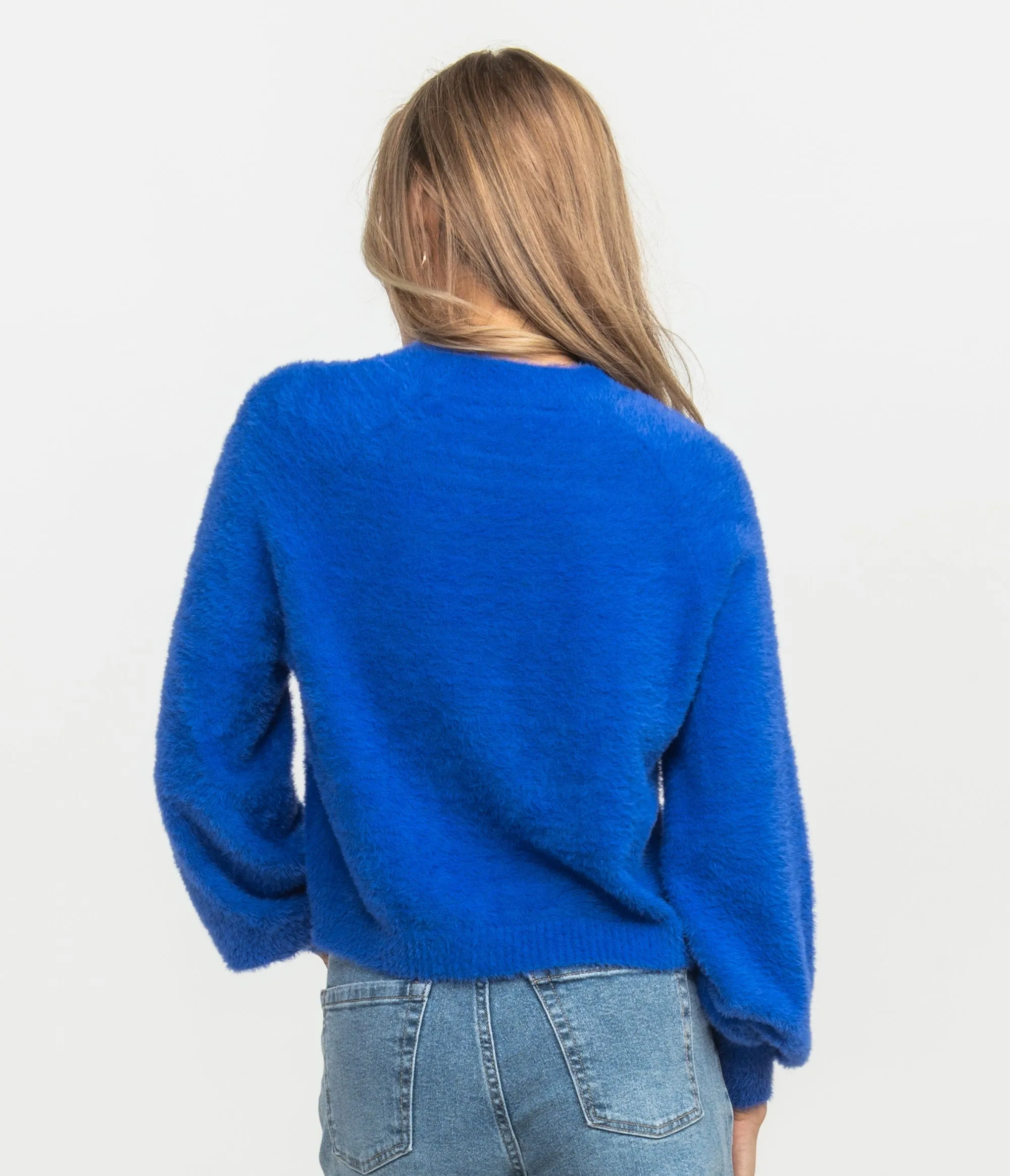 Cropped Feather Knit Sweater - Dazzling Blue