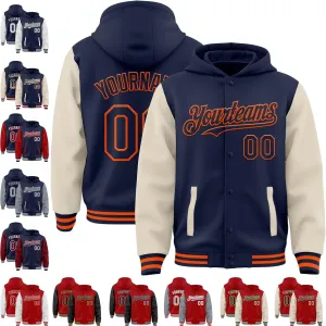 Custom Varsity Jacket with Hood Personalized Teens Letterman Hooded Jacket Full-Snap Baseball Bomber Jacket