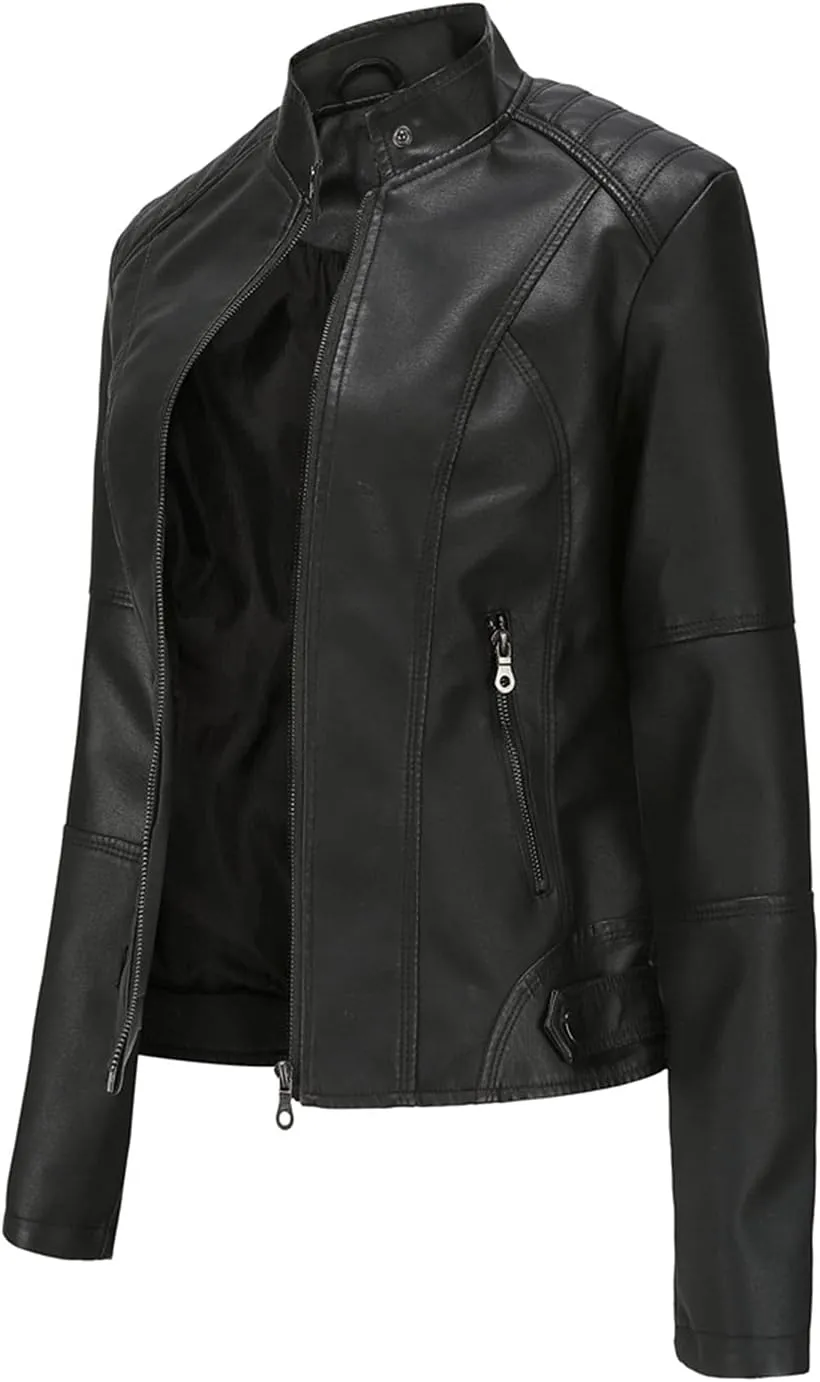DEAR MODEL Faux Leather Jacket Women Bomber Jacket Women's Belted Motorcycle Jacket