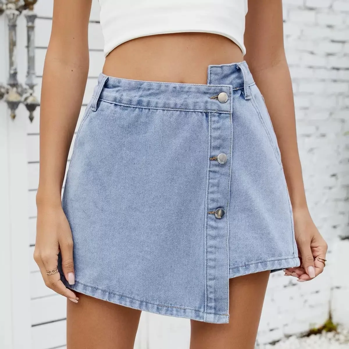 Denim Shorts Women Skort 2025 Jean Skirt Casual High Waisted Button Up Asymmetrical Skirt Mini Shorts.