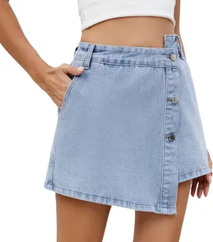 Denim Shorts Women Skort 2025 Jean Skirt Casual High Waisted Button Up Asymmetrical Skirt Mini Shorts.