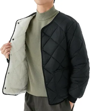 DGHM-JLMY Men Fleece Long-Sleeved Diamond Quilted Jacket Solid V Neck Cotton Coat Winter Warm Padded Coats Outwear